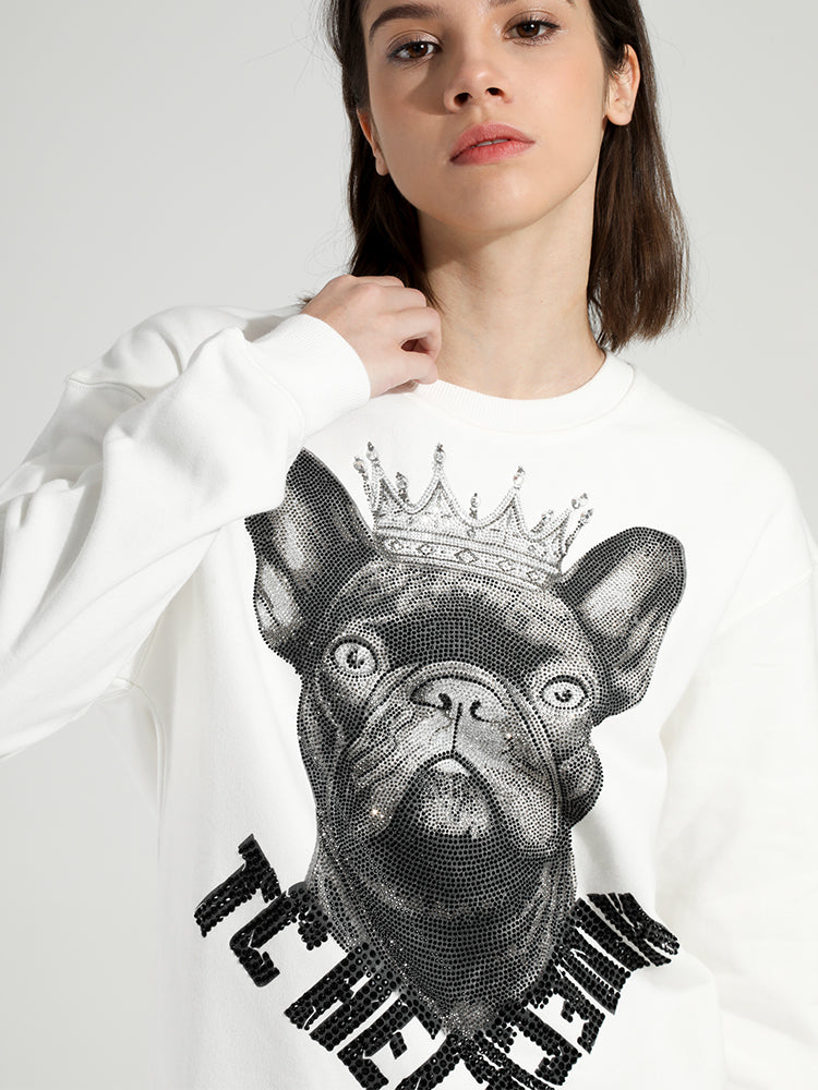 TCH Women's Rhinestone Dog White Sweatshirt