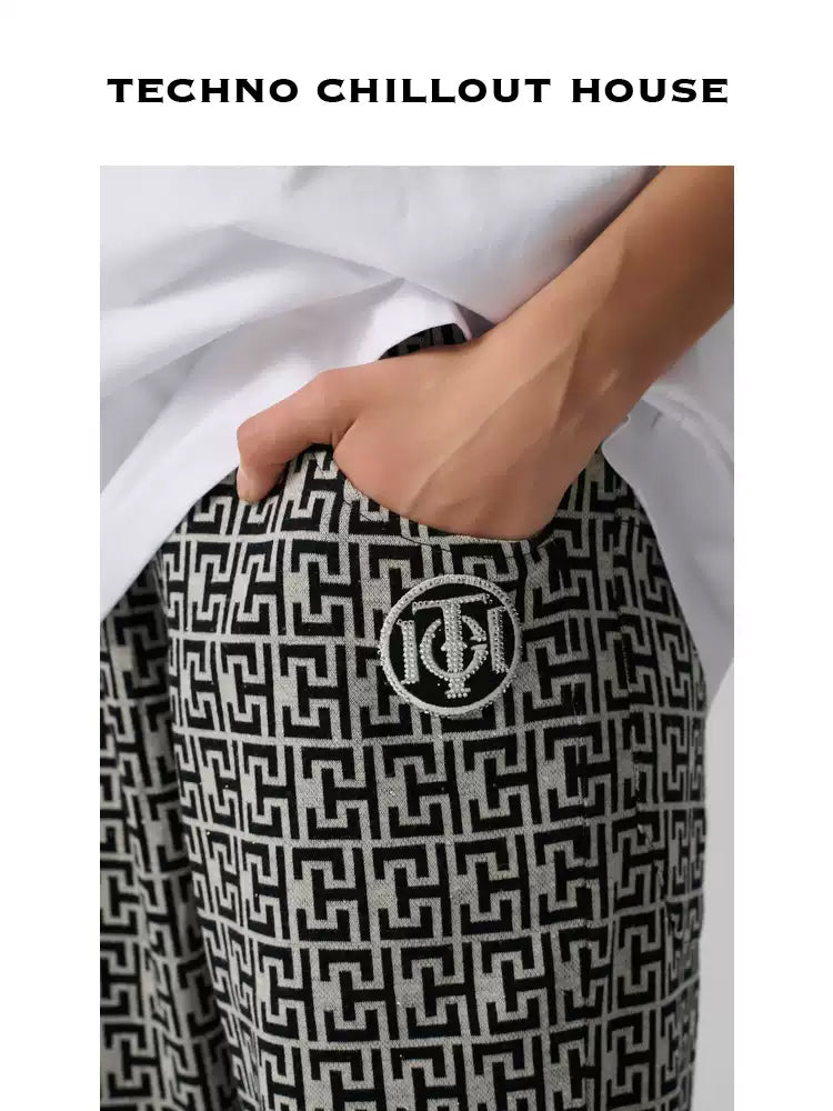 TCH Rhinestone Logo Wide Jersey Monogram Pants