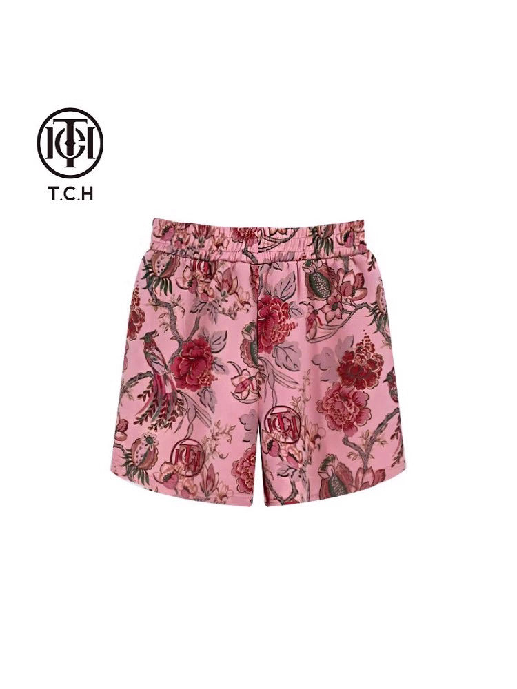 TCH Rhinestone Floral Print Shiny Lounge Shorts
