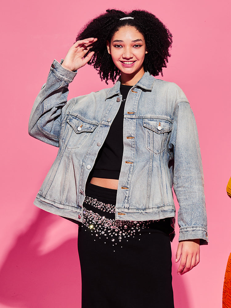 TCH Rhinestone Vintage Washed Denim Jacket