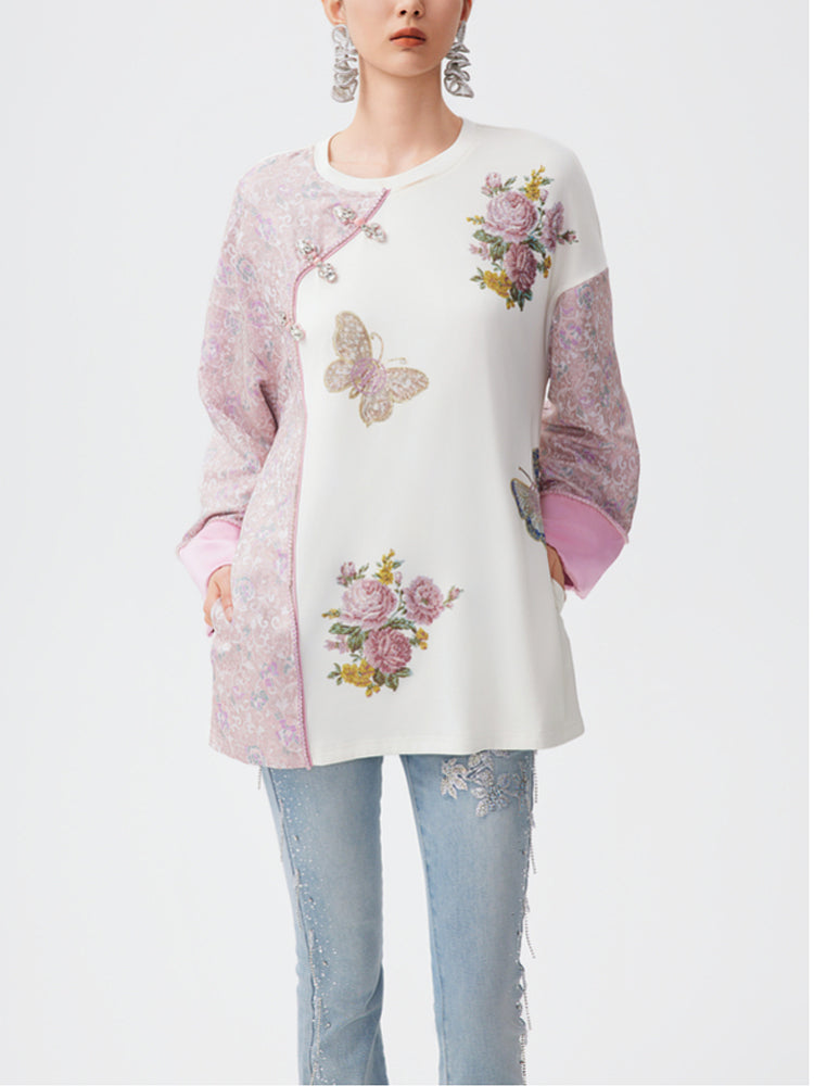 TCH Rhinestone Floral Embroidery Patchwork Satin Blouse