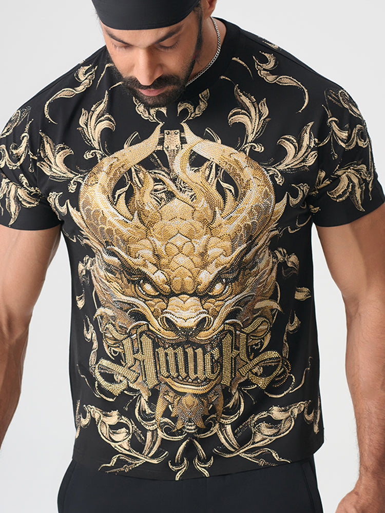 TCH Luxury Gold Rhinestone Dragon Graphic Top