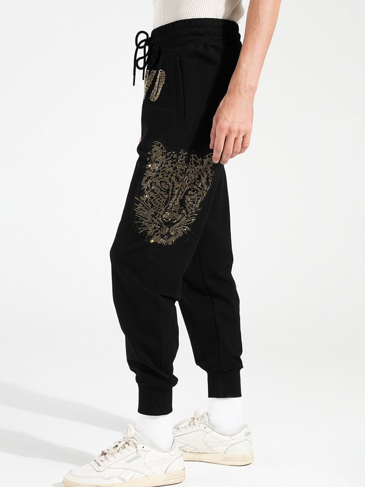 TCH Letter Rhinestone Leopard Print Long Pants