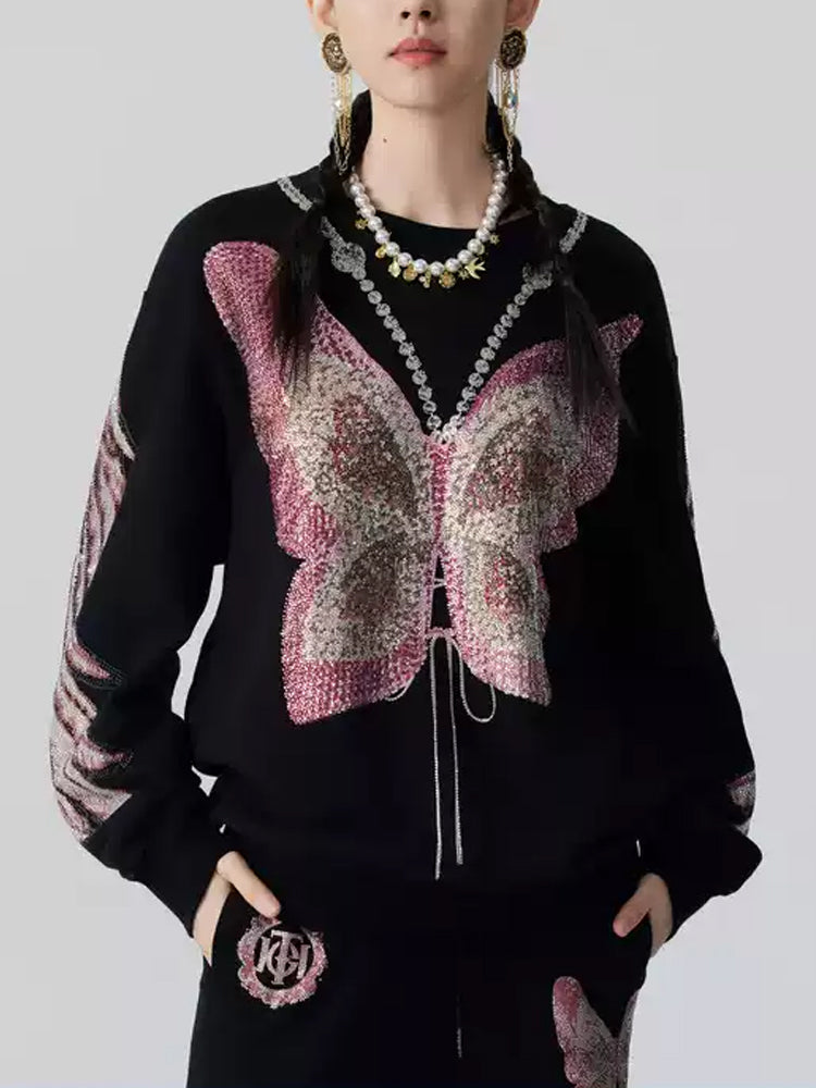 TCH Pink Rhinestone Butterfly Wing Sleeve Sweatshirt