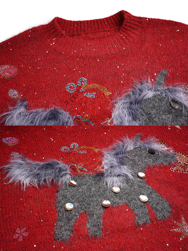 TCH 2026 Sparkle Rhinestone Graphic Party Knit Sweater