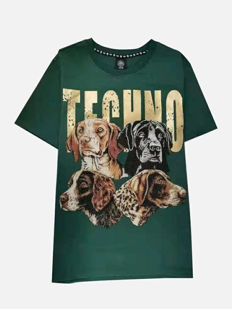 TCH Gold Dog Print Rhinestone Oversized T-shirt