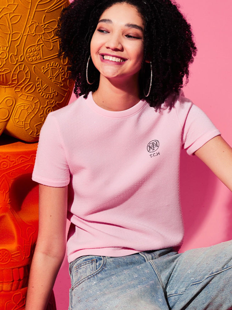 TCH Logo Print Rhinestone Slim T-Shirt with Pink