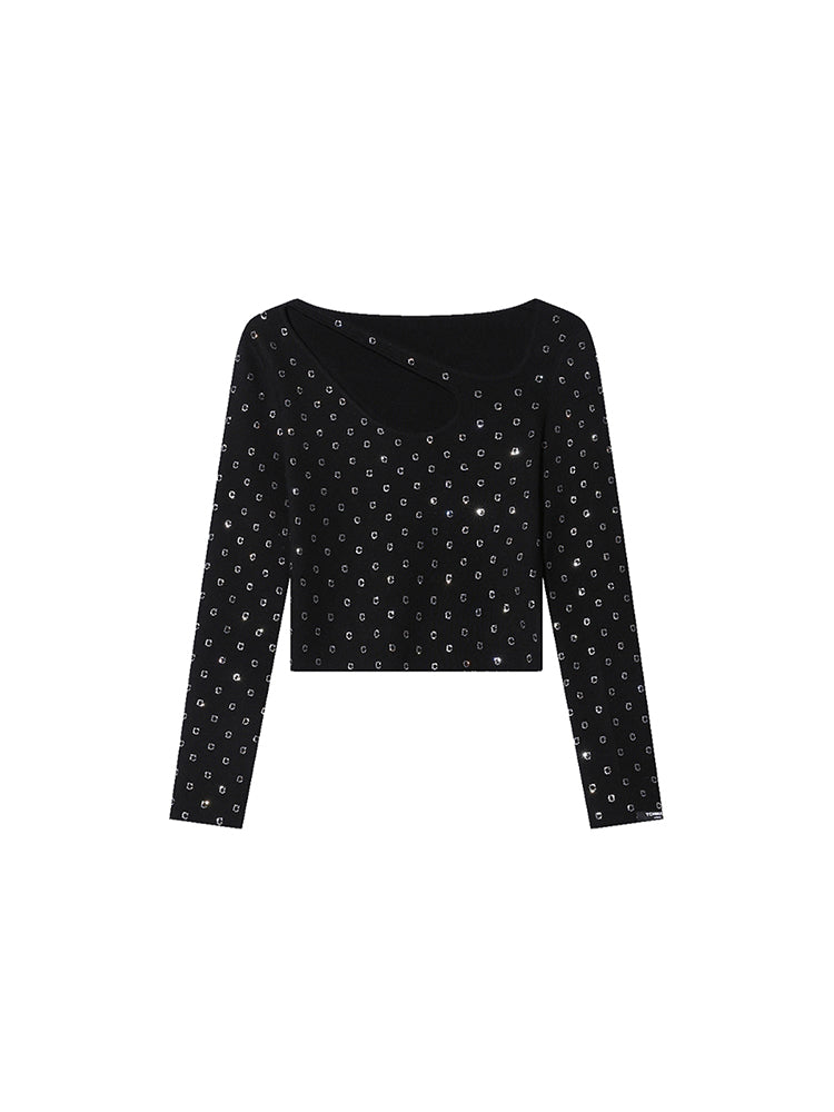TCH Rhinestone Cut Out Neck Knit Cropped Top