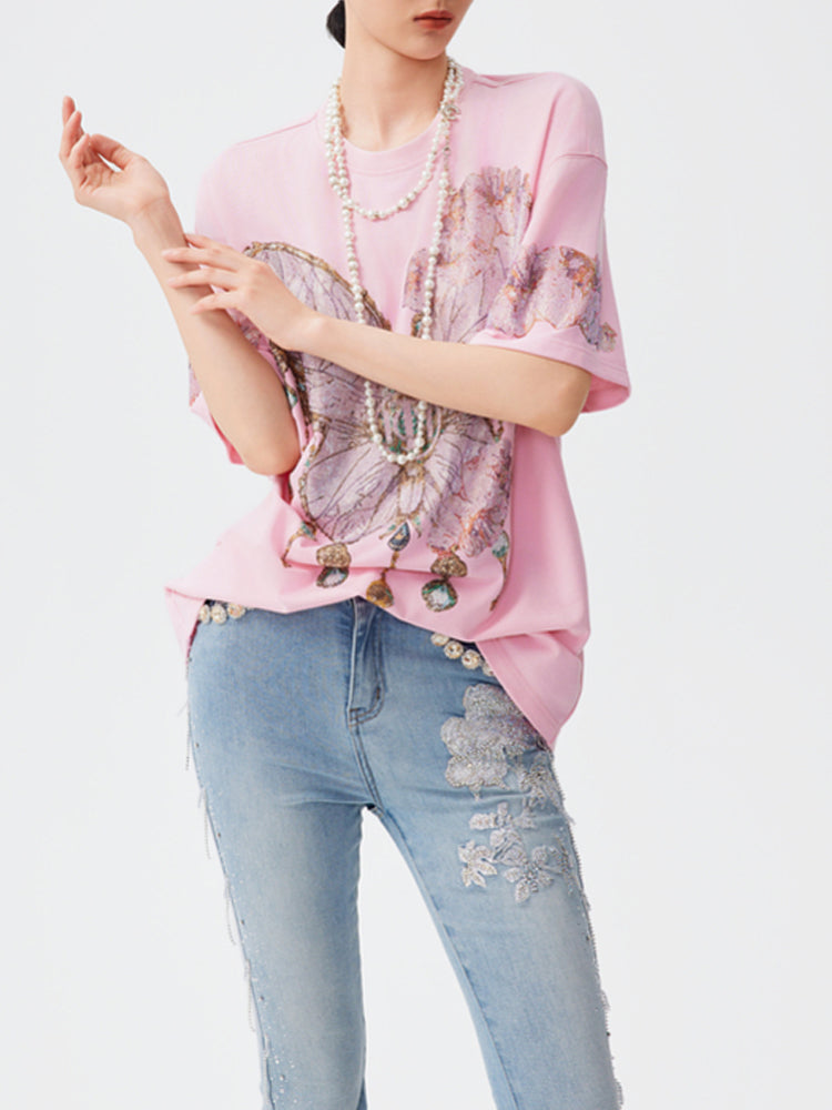 TCH Luxury Rhinestone Butterfly Shiny T-Shirt in Pink