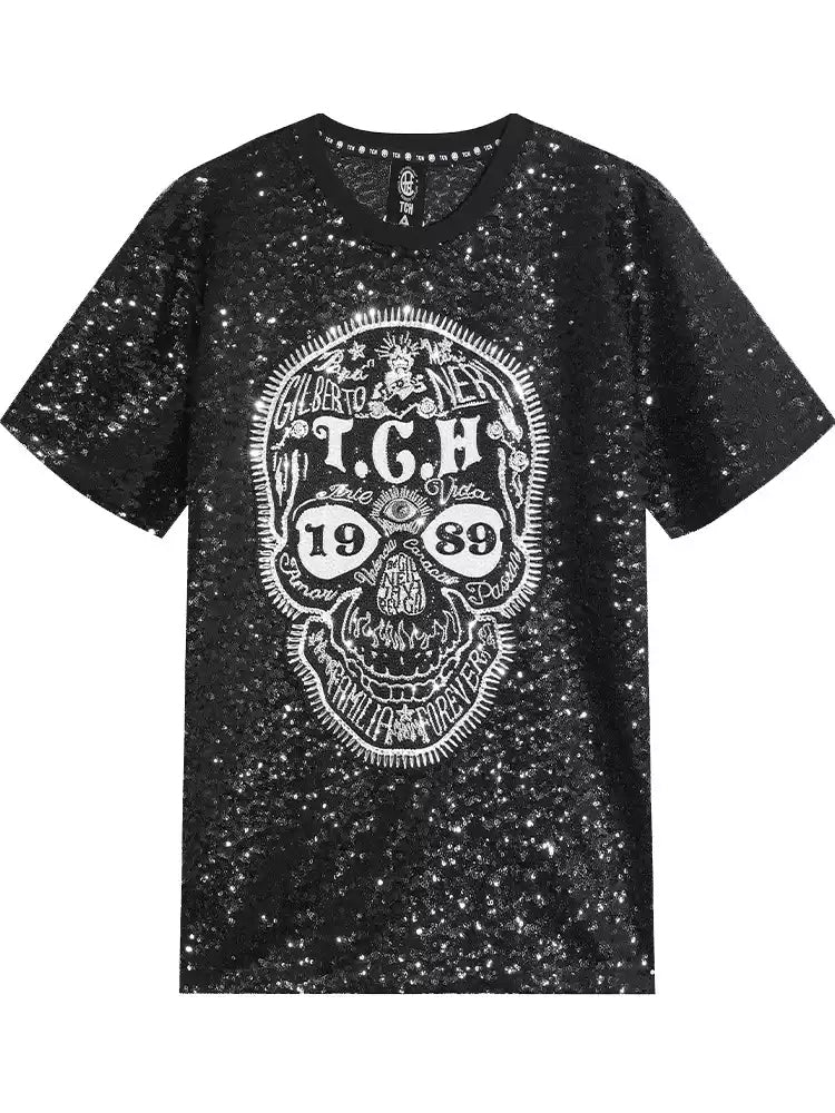 TCH Skull Print Rhinestone Streetwear T-shirt with Sequins