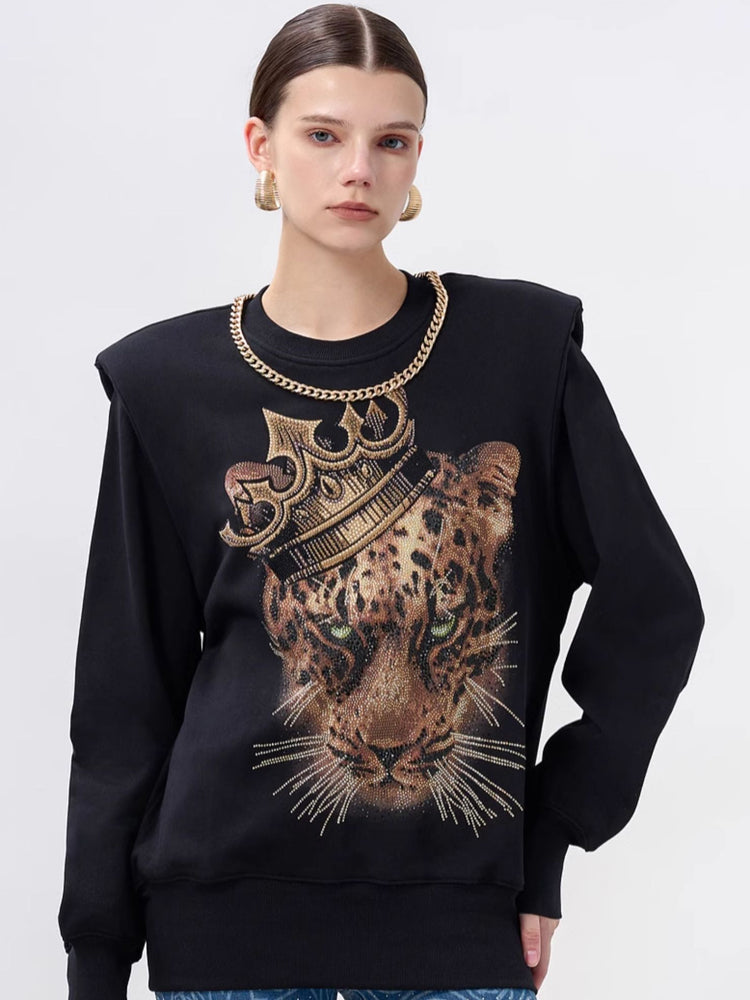 TCH Chain Rhinestone Black Leopard Sweatshirt