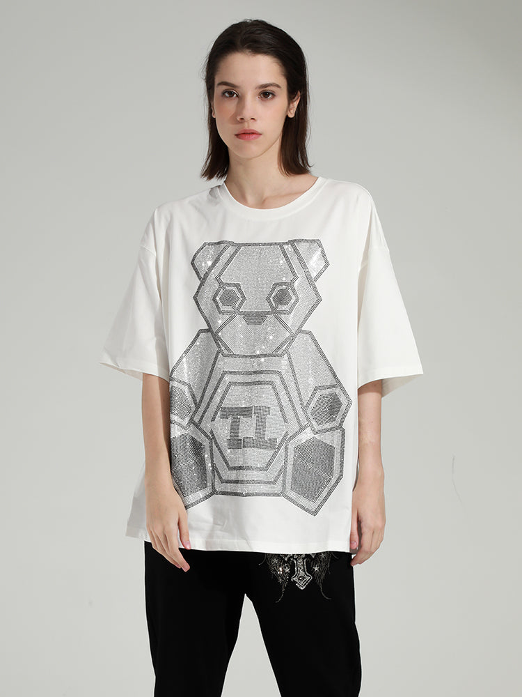 TCH Rhinestones  Casual Teddy Bear Round Neck T-shirt