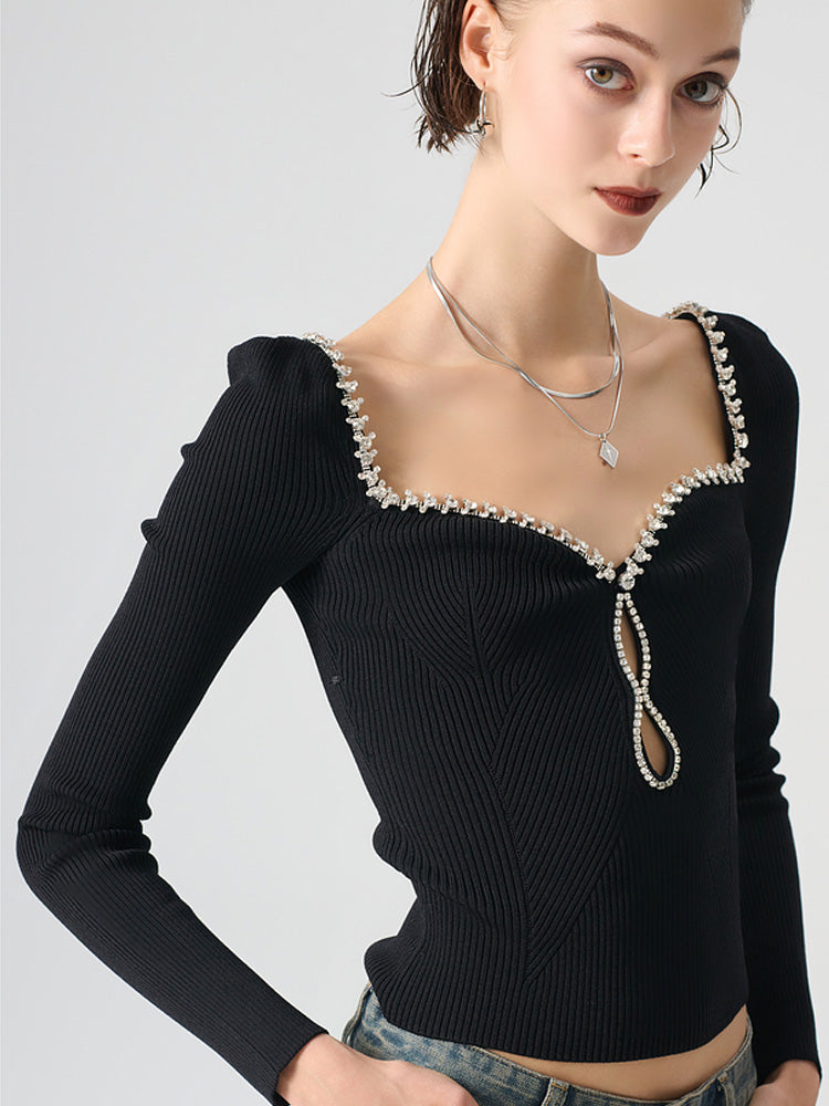 TCH Sweetheart Neck Rhinestone Knitted Sexy Top