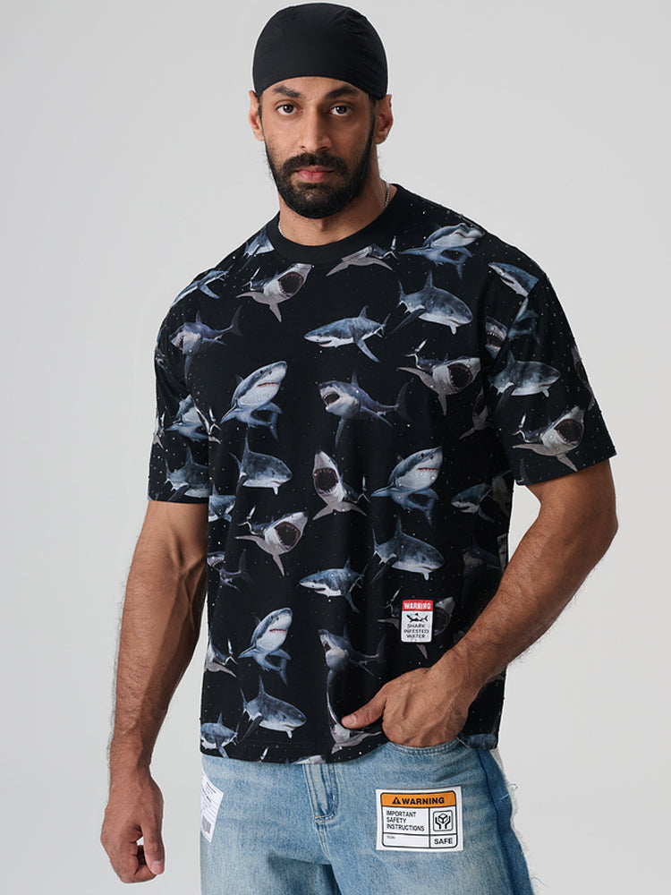TCH Beach Rhinestone Shark Hawaiian T-Shirt