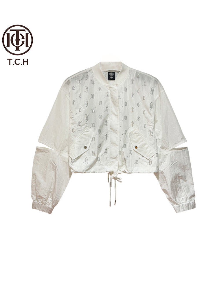 TCH Allover Print Rhinestone Cut Out Sleeve Jacket