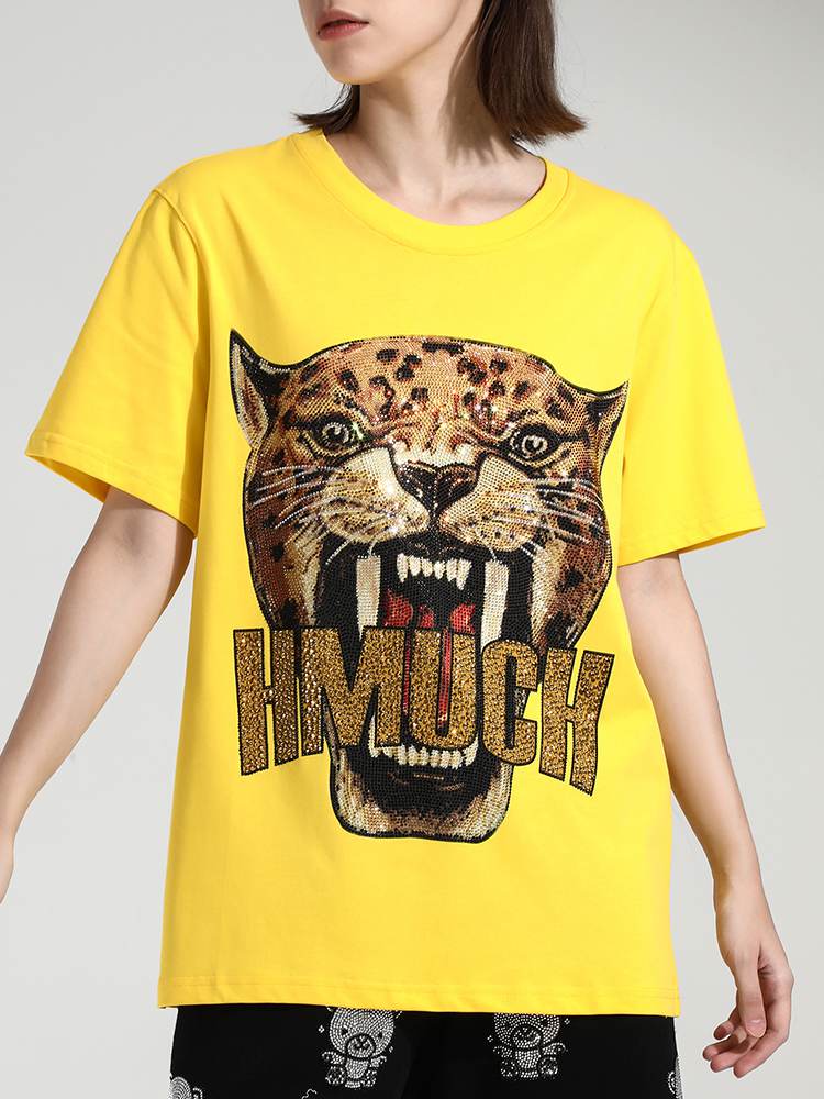 TCH Womens Roaring Leopard Rhinestone Short Sleeve T-Shirt