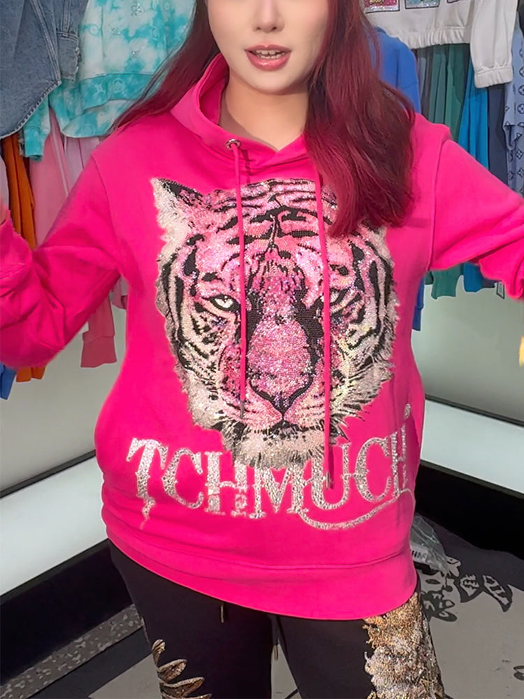 TCH Rhinestone Tiger Print Cotton Hoodie