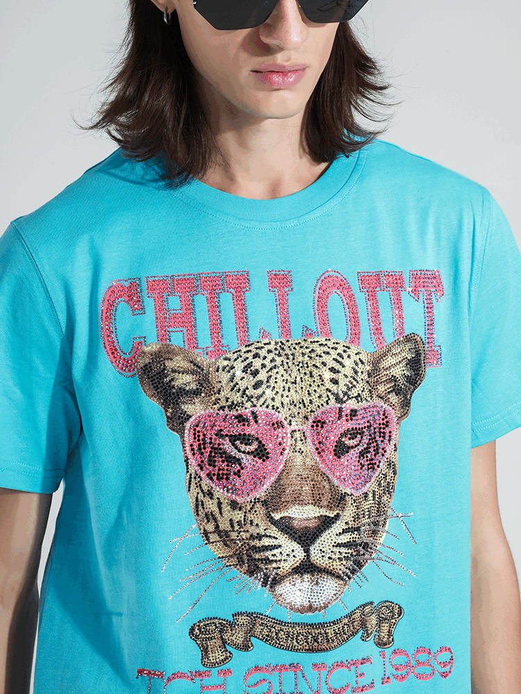 TCH Letter Cheetah Rhinestone Short Sleeve T-shirt