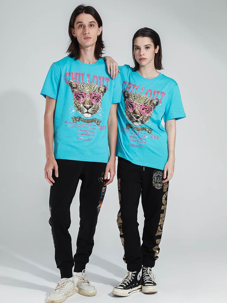 TCH Letter Cheetah Rhinestone Short Sleeve T-shirt