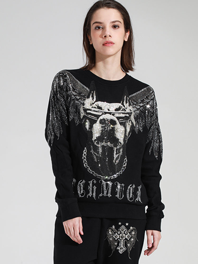 TCH Couple's Black Rhinestone Round Neck Sweatshirt