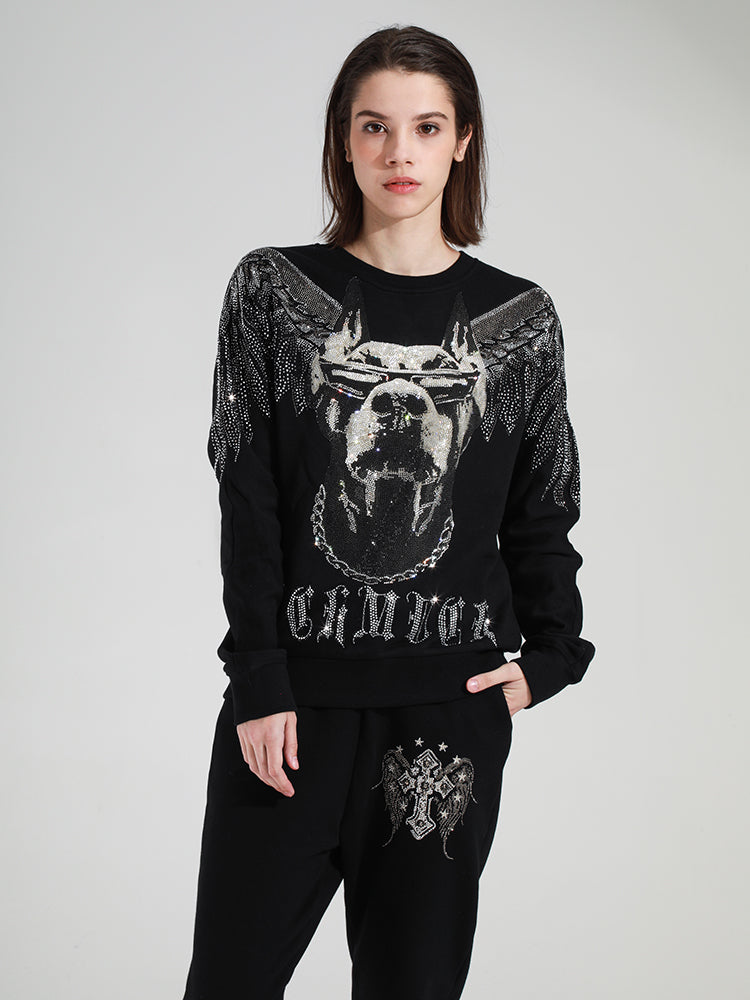 TCH Couple's Black Rhinestone Round Neck Sweatshirt