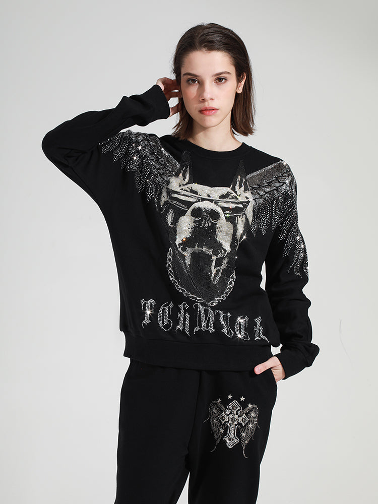 TCH Couple's Black Rhinestone Round Neck Sweatshirt