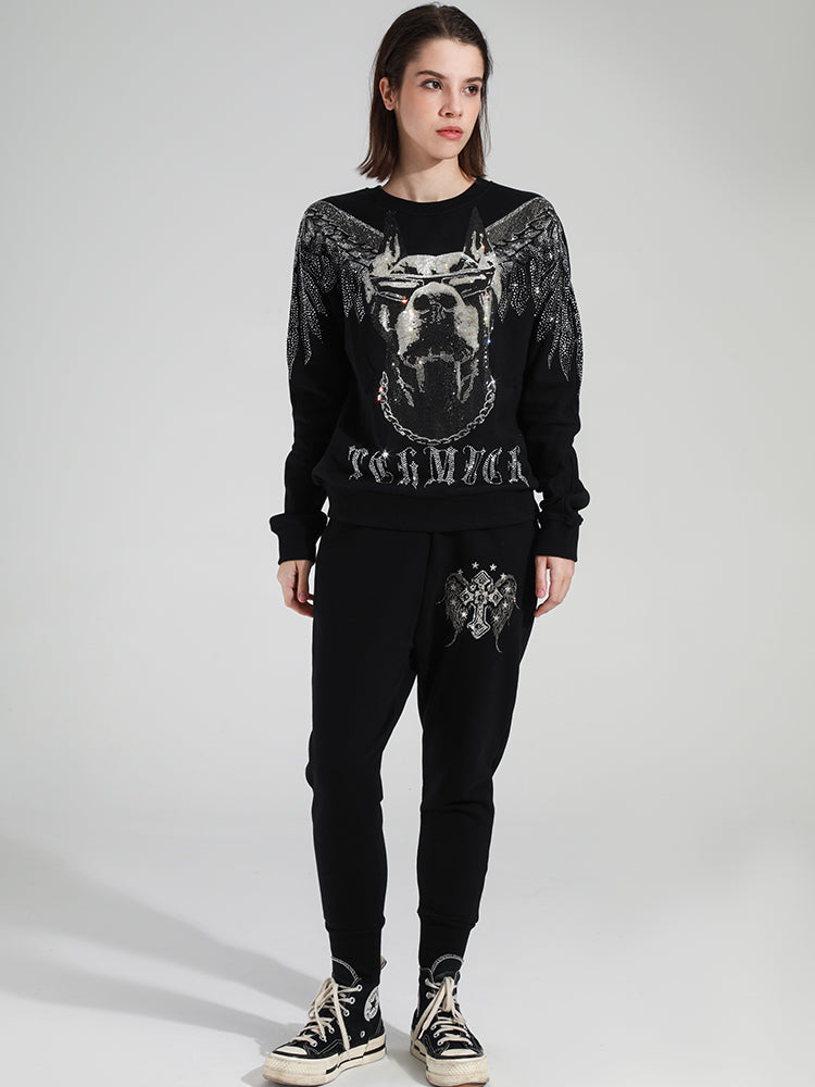 TCH Couple's Black Rhinestone Round Neck Sweatshirt
