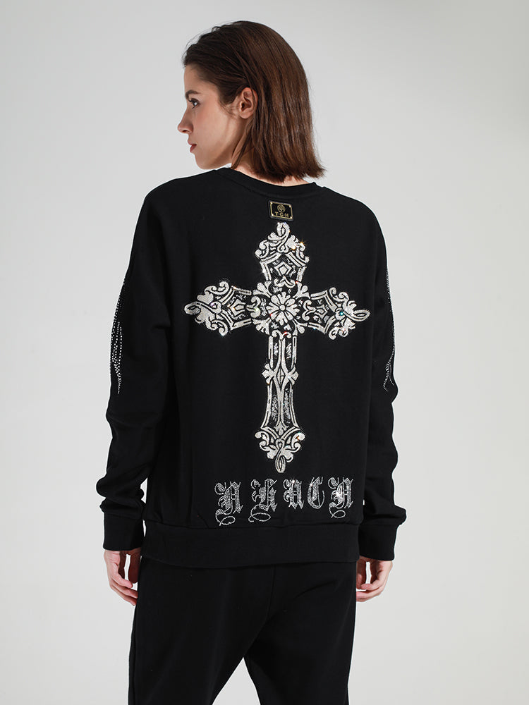TCH Couple's Black Rhinestone Round Neck Sweatshirt