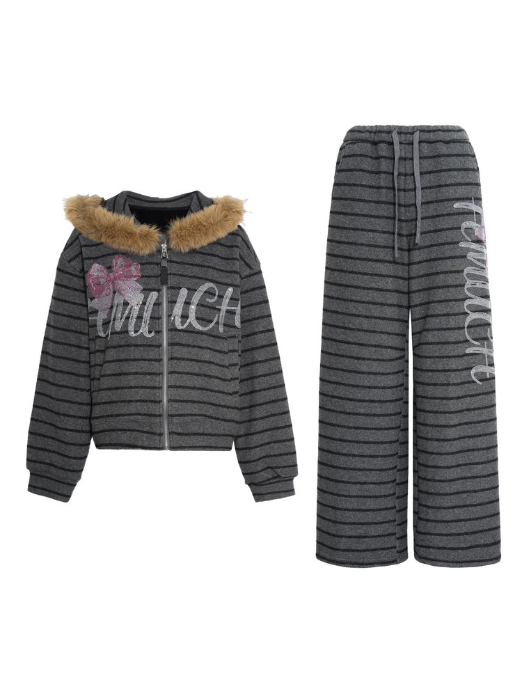 TCH Striple Graphic Rhinestone Warm 2 Piece Outfits Hoodies