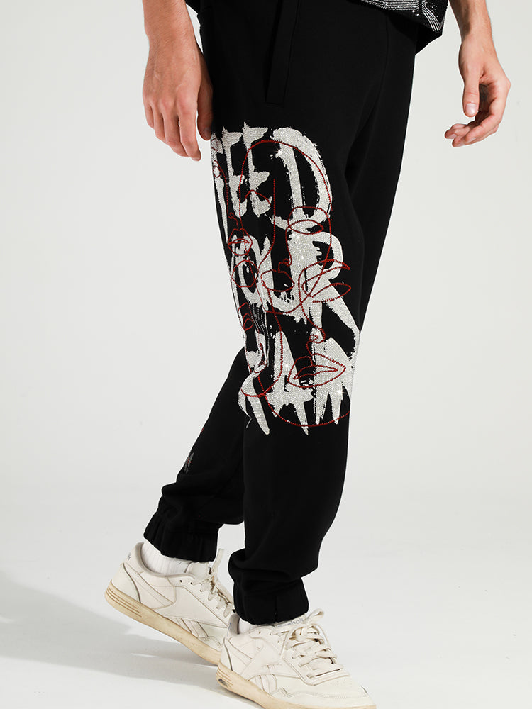 TCH Unisex Letter-Embellished Rhinestone Long Pants