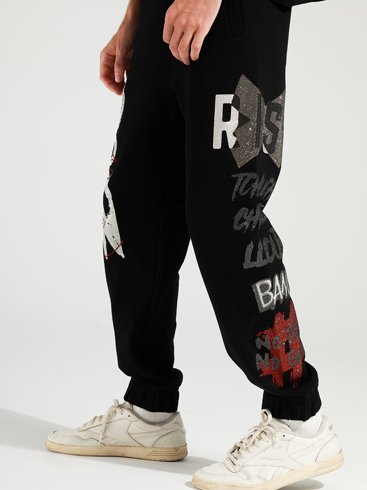 TCH Unisex Letter-Embellished Rhinestone Long Pants