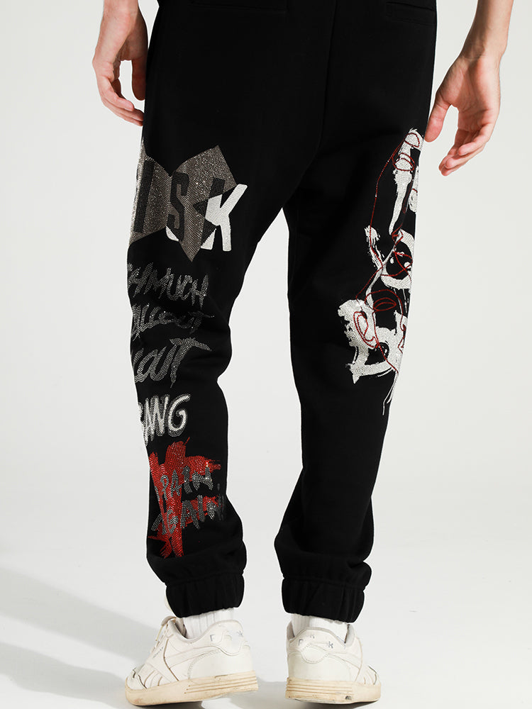 TCH Unisex Letter-Embellished Rhinestone Long Pants