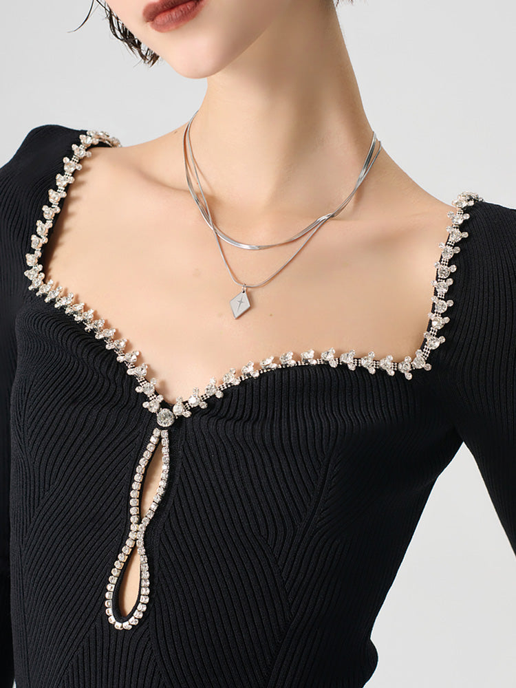 TCH Sweetheart Neck Rhinestone Knitted Sexy Top