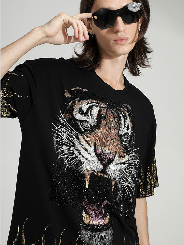 TCH Rhinestone Flaming Tiger Print T-shirt