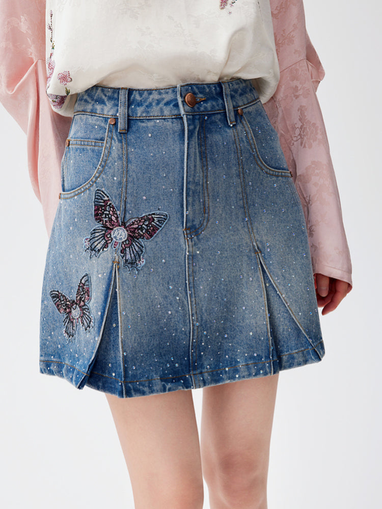 TCH Ruched Rhinestone Butterfly Denim Mini Skirt
