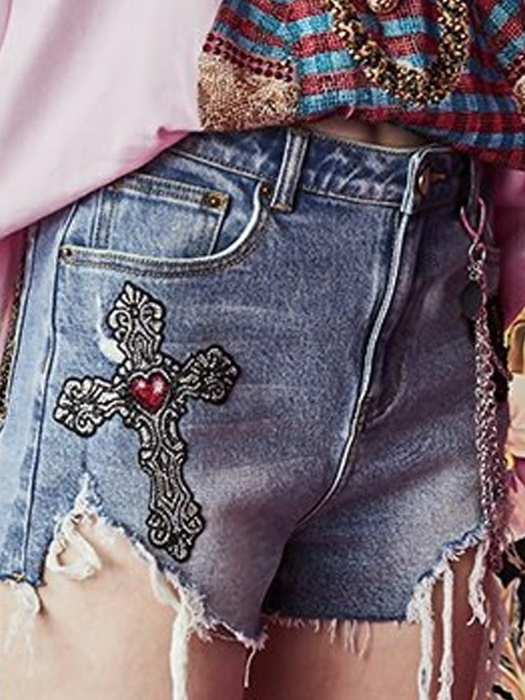 TCH Crystal-Embellished Graphic High Waist Denim Shorts
