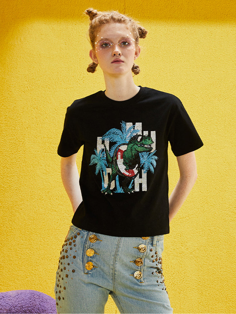 TCH Rhinestone Dinosaur Beach Cropped Tee Top