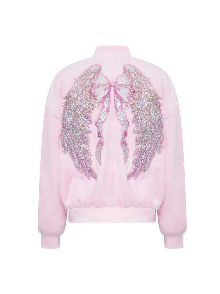 TCH Cat Rhinestone Wings Faux-Fur Jacket