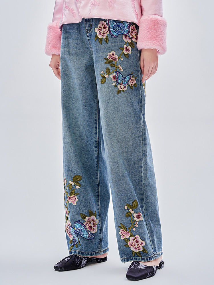 TCH Crystal Embroidered Floral Wide Leg Jeans