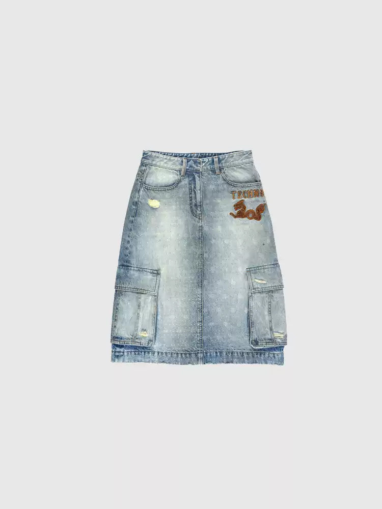 TCH Rhinestone Letter Print High Waist Denim Skirt with Pockets