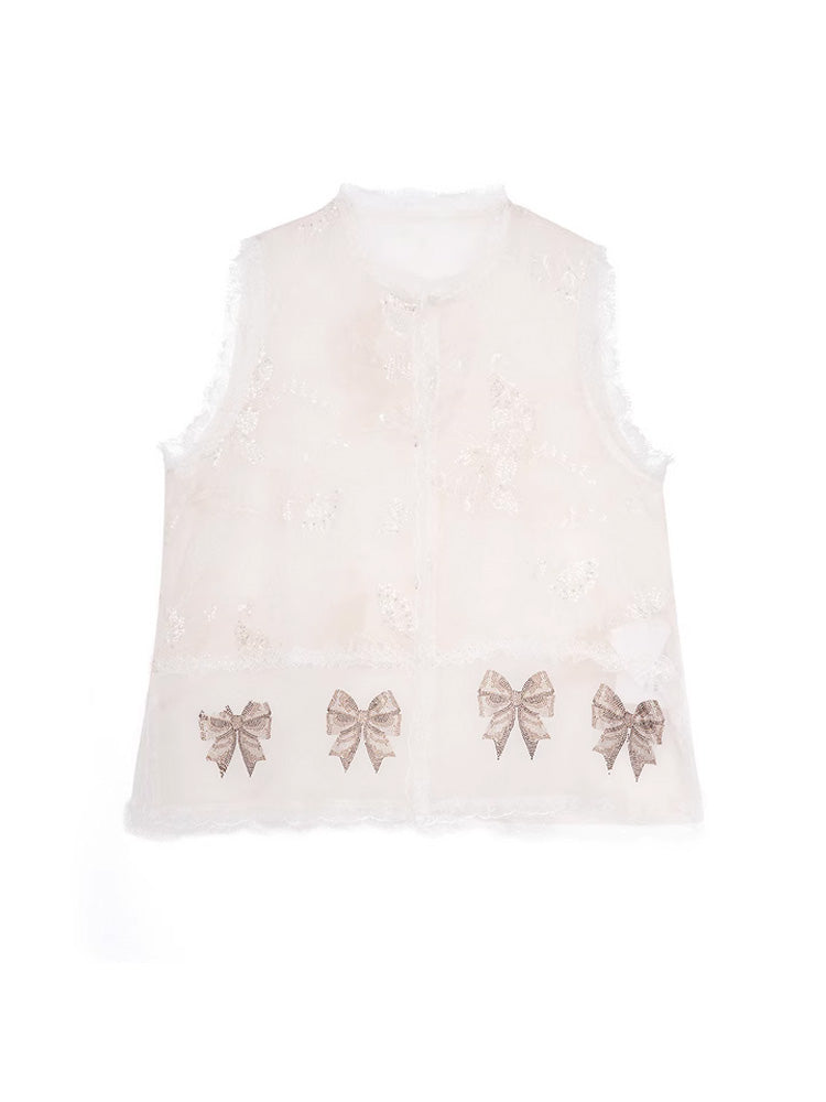 TCH Bow Rhinestone Floral Lace Vest