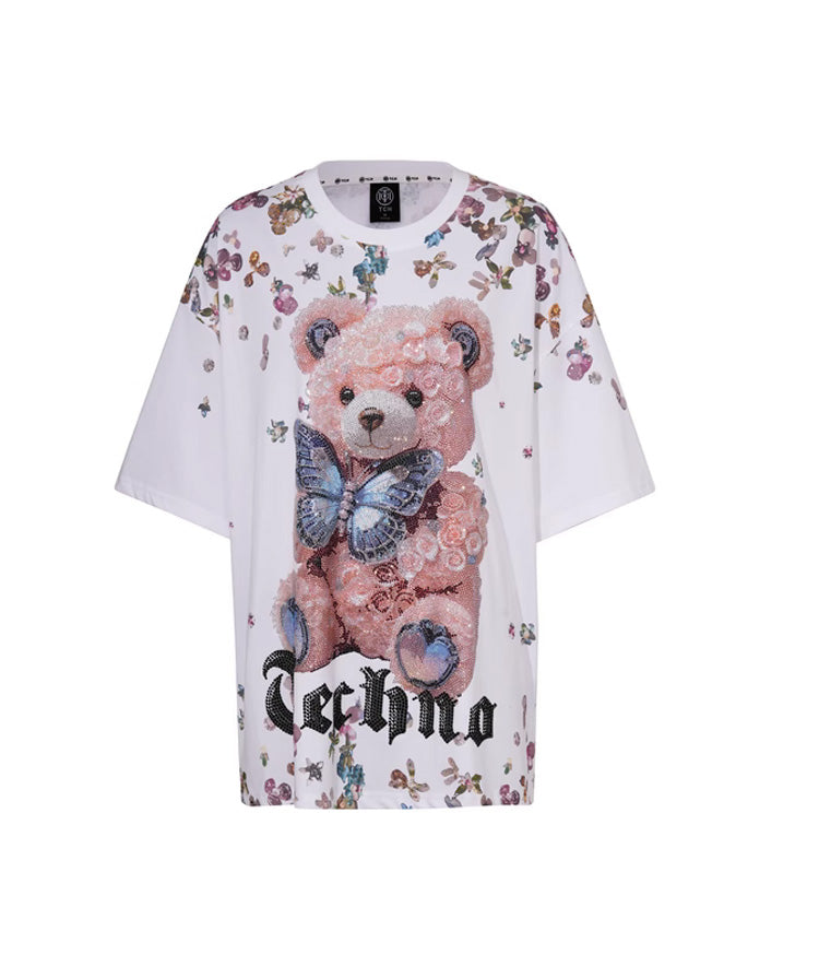 TCH Rhinestone Teddy Bear Flower Oversized T-Shirt