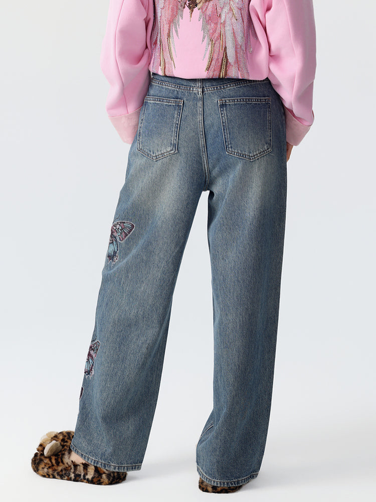 TCH Crystal Embroidered Butterfly Wide Leg Jeans