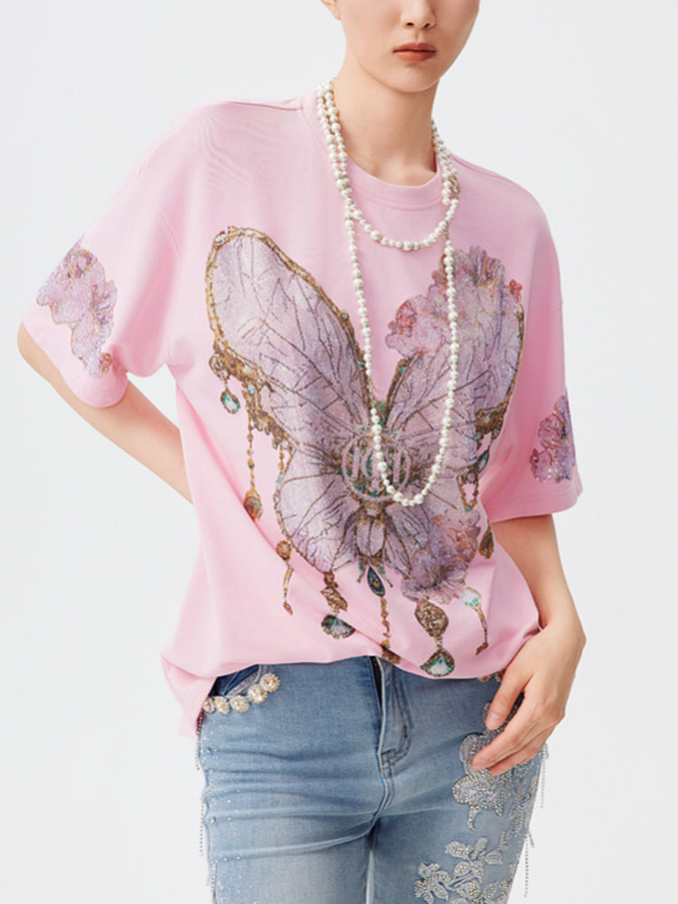 TCH Luxury Rhinestone Butterfly Shiny T-Shirt in Pink