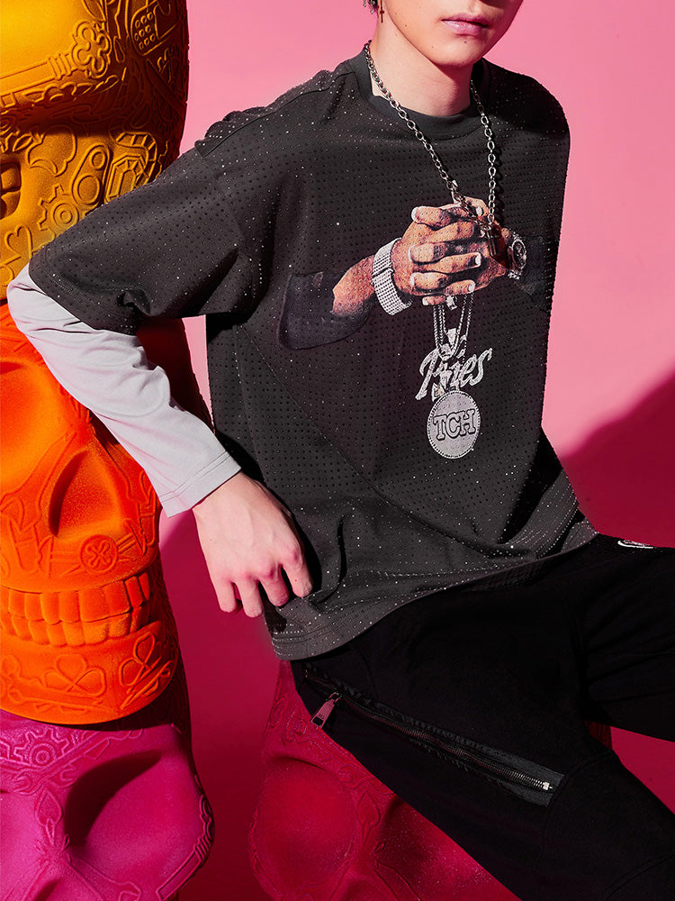 TCH Rhinestone Layered Printed Cotton T-shirt