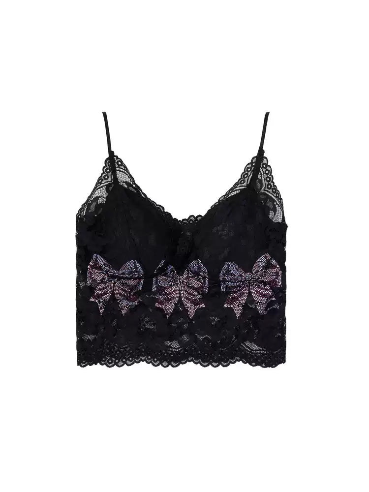 TCH Rhinestone Bow Floral Lace Padded Bandeau Bra Cami