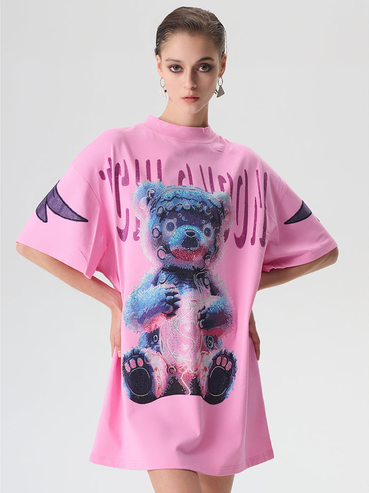 TCH Rhinestone Teddy Bear Oversized T-shirt with Wings Desgin