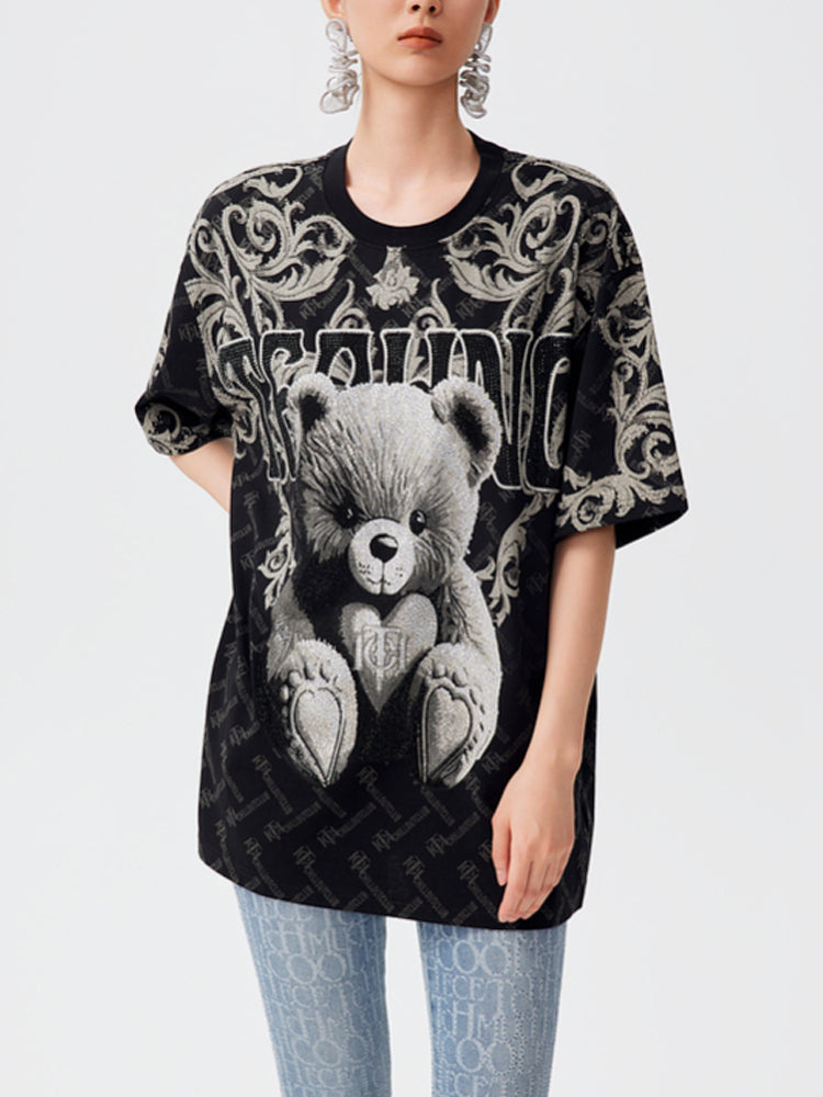 TCH Teddy Bears Rhinestone Allover Print Oversized T-Shirt