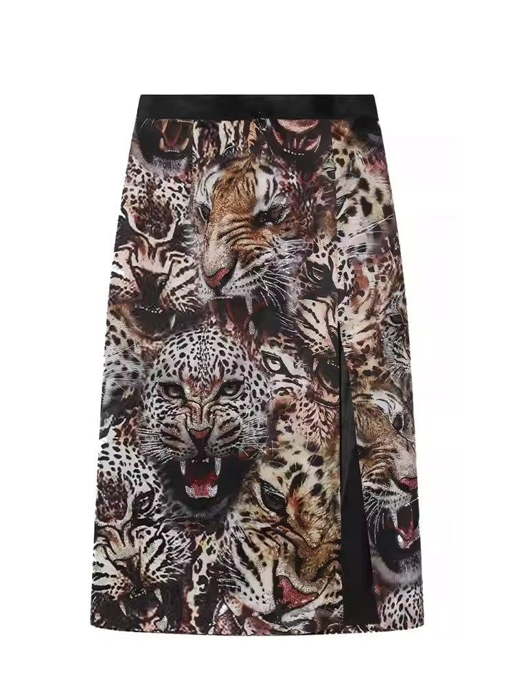 TCH Rhinestone Cheetah Pencil Skirt with Slit Design