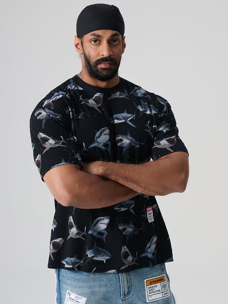 TCH Beach Rhinestone Shark Hawaiian T-Shirt